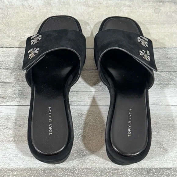 TORY BURCH T-Lock Wedge Sandal - Perfect Black Suede - Size - 7.US